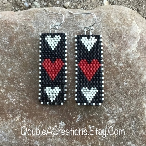 Three Hearts Beaded Earrings, New, Handmade By Me - Picture 1 of 8
